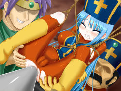 Rule 34 | anal, anal object insertion, anus, ass, ass grab, bdsm, blue hair, blush, bodysuit, bondage, boots, bound, breasts, cameltoe, censored, chunsoft, clenched teeth, closed eyes, covered erect nipples, cross, dragon quest, dragon quest iii, enix, gloves, group sex, hat, mmf threesome, multiple boys, nipples, object insertion, priest (dq3), pussy, rope, suspension, tears, teeth, threesome, torn clothes, trubka