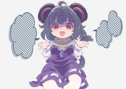 Rule 34 | 1girl, ahoge, animal ears, blank speech bubble, blue capelet, blush, breasts, capelet, commentary request, cookie (touhou), cowboy shot, crystal, grey hair, grey skirt, grey vest, jewelry, long sleeves, looking at viewer, medium breasts, mouse ears, mouse girl, mouse tail, nazrin, nyon (cookie), open mouth, pendant, red eyes, shirt, short hair, simple background, skirt, skirt set, solo, speech bubble, tail, touhou, tsuzuchii, vest, white background, white shirt
