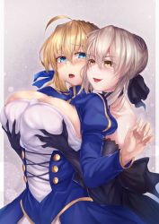 Rule 34 | 2girls, ahoge, alternate breast size, artoria pendragon (all), artoria pendragon (fate), black dress, black gloves, black ribbon, blonde hair, blue dress, blue eyes, blue ribbon, blush, braid, grabbing another&#039;s breast, breasts, buttons, choker, cleavage, cleavage cutout, clothing cutout, cross-laced clothes, dress, dual persona, elbow gloves, fate/stay night, fate (series), french braid, from behind, gloves, grabbing, grabbing from behind, gradient background, hair between eyes, hair ribbon, highres, hirasawa seiji, juliet sleeves, large breasts, long hair, long sleeves, multiple girls, open mouth, puffy sleeves, ribbon, saber (fate), saber alter, selfcest, sidelocks, smile, yellow eyes, yuri