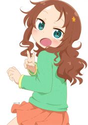 Rule 34 | 1girl, :o, blush, brown hair, child, commentary request, cowboy shot, dated, flower, from side, glaze artifacts, green eyes, green shirt, hair flower, hair ornament, highres, kobayashi-san chi no maidragon, long hair, long sleeves, looking at viewer, looking to the side, open mouth, red skirt, saikawa riko, shirt, skirt, solo, standing, tabayan jigokuhen, v, white background