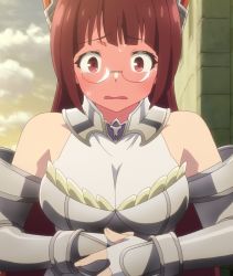 Rule 34 | 1girl, alicia crystella, armor, blush, embarrassed, glasses, hands on own stomach, highres, isekai maou to shoukan shoujo no dorei majutsu, kaneko shizue, knight, long hair, red eyes, red hair