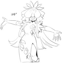 Rule 34 | 1girl, blush, cropped legs, dress, feet out of frame, gloves, greyscale, hair over eyes, long hair, monochrome, nyong nyong, open mouth, outstretched arms, simple background, sketch, smile, solo, touhou, translated, unfinished dream of all living ghost, white background, yomotsu hisami