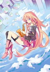 Rule 34 | 1girl, ahoge, bare shoulders, blue eyes, boots, braid, cloud, highres, ia (vocaloid), instrument, long hair, looking at viewer, pink hair, saxophone, single thighhigh, skirt, solo, thighhighs, twin braids, unacchi (nyusankin), very long hair, vocaloid