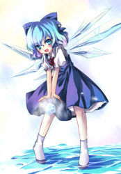 Rule 34 | 1girl, blue hair, cirno, dress, element bender, embodiment of scarlet devil, female focus, full body, gradient background, ice, ribbon, sho (runatic moon), short hair, solo, touhou, water, white background, wings