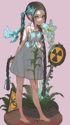 Rule 34 | 1girl, bare arms, bare shoulders, barefoot, bird, black eyes, black hair, blue ribbon, blush, braid, copyright request, dress, flat chest, flower, hair ribbon, highres, holding, holding flower, leaning back, long hair, looking at viewer, petite, radiation symbol, ribbon, sleeveless, sleeveless dress, smile, solo, sundress, toes, twin braids, twintails, very long hair, vofan, white dress, white flower
