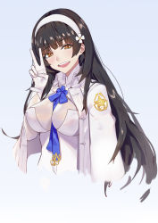 Rule 34 | 1girl, bad id, bad pixiv id, between breasts, black hair, blue background, blue ribbon, blunt bangs, blush, breasts, brown eyes, cleavage, cloak, collared cloak, cropped torso, flower, girls&#039; frontline, gloves, hair flower, hair ornament, hairband, head tilt, highres, large breasts, long hair, looking at viewer, neck ribbon, open mouth, ribbon, shirt, sidelocks, simple background, smile, solo, tareme, tsuaaa, type 95 (girls&#039; frontline), v, very long hair, white cloak, white gloves, white hairband, white shirt, wing collar