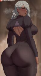 Rule 34 | 1girl, ai-assisted, ass, back cutout, black dress, blurry, blurry background, blush, braid, breasts, clothing cutout, cowboy shot, dress, from behind, grey hair, hair over one eye, heavy breathing, highres, huge ass, jujutsu kaisen, juliet sleeves, large breasts, long sleeves, looking at viewer, looking back, low twin braids, mei mei (jujutsu kaisen), oroborus, parted lips, patreon logo, patreon username, puffy sleeves, purple eyes, shoulder blades, solo, teeth, twin braids, upper teeth only, watermark, web address