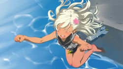 Rule 34 | 10s, 1girl, :d, ^ ^, barefoot, between thighs, blonde hair, colored eyelashes, closed eyes, flower, hair flower, hair ornament, jumping, kantai collection, long hair, midair, open mouth, ro-500 (kancolle), silver hair, smile, solo, swimsuit, tan, tanline, tekuteku (yuuhodou), torpedo, water