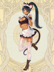 Rule 34 | 1girl, animal ears, animal print, bell, black hair, blue eyes, boots, breasts, brown footwear, cat ears, cat print, cat tail, cleavage, dairoku ryouhei, dark-skinned female, dark skin, gloves, hands up, high heel boots, high heels, jingle bell, large breasts, long hair, maid, midriff, nyan5000, paw pose, ponytail, simple background, skirt, solo, tail, thighhighs, white gloves, white thighhighs