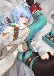 Rule 34 | arms up, bed sheet, blue eyes, blue hair, blush, box, box of chocolates, cape, edmond (nu carnival), facing to the side, formal, fur-trimmed cape, fur trim, hands bound, highres, jewelry, lying, long hair, nu carnival, open mouth, ribbon, suit