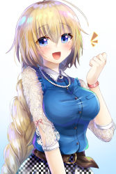 Rule 34 | 1girl, :d, ^^^, ahoge, alternate costume, blonde hair, blue eyes, blue shirt, blush, braid, breast pocket, breasts, buttons, casual, checkered clothes, checkered skirt, clenched hand, commentary request, contemporary, fate/apocrypha, fate (series), floral print, gakuon (gakuto), hair between eyes, jeanne d&#039;arc (fate), jeanne d&#039;arc (ruler) (fate), jewelry, long hair, medium breasts, necklace, o-ring, open mouth, pearl necklace, pocket, see-through, shirt, single braid, skirt, sleeves past elbows, smile, tsurime, upper body, very long hair, wristband