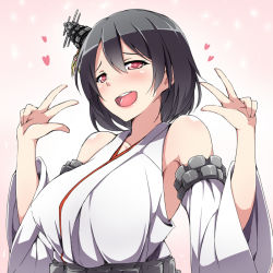 Rule 34 | 10s, 1girl, black hair, breasts, detached sleeves, double v, heart, heart-shaped pupils, kantai collection, large breasts, open mouth, red eyes, shinsono shiroko, smile, symbol-shaped pupils, v, yamashiro (kancolle)