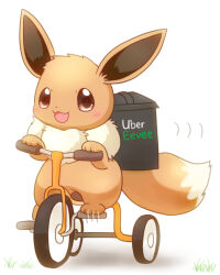 Rule 34 | backpack, bag, blush, brown fur, creature, creatures (company), dot nose, eevee, game freak, gen 1 pokemon, mimix, nintendo, open mouth, pedal, pokemon, pokemon (creature), riding, riding tricycle, solo, tricycle, uber eats, white background