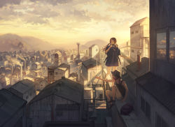 Rule 34 | 2girls, city, cityscape, cloud, hat, highres, imoni (gggzooo), multiple girls, on roof, orange sky, original, outdoors, rooftop, scenery, sitting on roof, sky, sunlight, sunset
