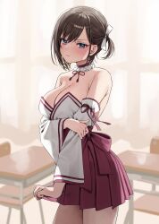 Rule 34 | 1girl, arm under breasts, armpit crease, backlighting, bare shoulders, blue eyes, blush, bow, bowtie, breasts, brown hair, chair, chigusa minori, choker, classroom, cleavage, closed curtains, closed mouth, commentary request, cowboy shot, curtains, desk, detached sleeves, frilled choker, frills, futago matomete kanojo ni shinai?, hair bow, highres, holding own arm, large breasts, looking at viewer, nontraditional miko, official art, pleated skirt, pout, red bow, red bowtie, red skirt, school, second-party source, shirt, short hair, side ponytail, skirt, solo, strapless, strapless shirt, usami chikage, window