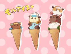 Rule 34 | abbey (pui pui molcar), animal focus, choco (pui pui molcar), chocomint (pui pui molcar), closed eyes, closed mouth, commentary request, flower, food, full body, green flower, guinea pig, highres, ice cream, ice cream cone, kani aruki (aruki kanikani), molcar, no humans, open mouth, pink background, polka dot, polka dot background, potato (pui pui molcar), pui pui molcar, shiromo (pui pui molcar), simple background, stack, star (symbol), teddy (pui pui molcar), translation request