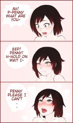 Rule 34 | 1girl, ahegao, blush, clenched teeth, comic, english text, female focus, grey eyes, heart, highres, implied yuri, one eye closed, portrait, razalor, red hair, ruby rose, rwby, sexually suggestive, solo, sweat, sweatdrop, tank top, teeth, tongue, tongue out, upper body, yuri