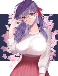 Rule 34 | 1girl, adjusting eyewear, bad id, bad twitter id, breasts, cherry blossoms, collarbone, commentary, fate/stay night, fate (series), floral background, flower, glasses, hair ribbon, hand up, highres, huge breasts, large breasts, long hair, long neck, long sleeves, looking at viewer, matou sakura, parted lips, pink skirt, purple eyes, purple hair, red ribbon, red skirt, ribbon, semi-rimless eyewear, shimatori (sanyyyy), skirt, solo, sweater, sweater tucked in, symbol-only commentary, teeth, white sweater