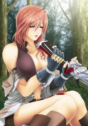Rule 34 | 10s, 1girl, blue eyes, blush, breasts, carrot works, cleavage, covered erect nipples, final fantasy, final fantasy xiii, gloves, lightning farron, miniskirt, raito, sitting, skirt, solo, sword, weapon