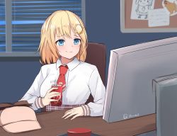 Rule 34 | 1girl, blonde hair, blue eyes, blush, bubba (watson amelia), buttons, closed mouth, coca-cola, collarbone, collared shirt, commentary, deerstalker, drinking straw, hair ornament, hat, highres, holding, hololive, hololive english, indoors, long sleeves, meme, monitor, necktie, paper, red necktie, shirt, short necktie, shuuzo3, sitting, smile, smol ame, solo, twitter username, virtual youtuber, watson amelia, white shirt, window