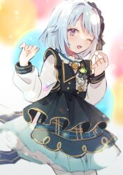 Rule 34 | 1boy, androgynous, black dress, blue hair, blush, dress, ensemble stars!, gold necklace, highres, jewelry, long sleeves, looking at viewer, male focus, necklace, nig 18, one eye closed, open mouth, purple eyes, shino hajime, shirt, short hair, smile, solo, white shirt