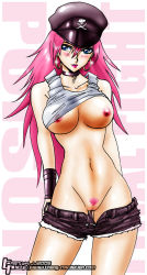 Rule 34 | 1girl, blue eyes, blush, breasts, brown shorts, capcom, clothes lift, clothes pull, collarbone, earrings, final fight, hat, jewelry, large breasts, long hair, navel, nipples, pink hair, pink lips, poison (final fight), pubic hair, purple headwear, pussy, shirt, shirt lift, shorts, shorts pull, skull and crossbones, sparkle, tank top, thong revolution, uncensored, undressing, white background, white shirt, wristband