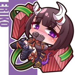 Rule 34 | 1girl, absurdres, armored boots, black footwear, black skirt, blush, boots, bow, box, brown hair, character name, chibi, commentary request, covered mouth, eriko (princess connect!), fishnets, full body, gift, gift box, green ribbon, highres, horns, knee boots, looking at viewer, nose blush, outline, princess connect!, purple background, purple eyes, red bow, ribbon, saishosaisekojo, skirt, solo, striped ribbon, two-tone background, white background, white outline