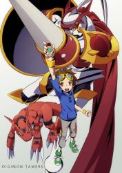 Rule 34 | 00s, armor, bad id, bad pixiv id, brown hair, cape, claws, copyright name, digimon, digimon (creature), digimon tamers, digivice, dukemon, goggles, goggles on head, guilmon, hajime (hajime-ill-1st), hood, hoodie, lance, matsuda takato, monster, open mouth, polearm, red eyes, shield, short hair, socks, tail, weapon, wristband, yellow eyes