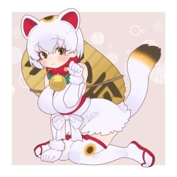 1girl :3 animal_ears bare_shoulders blonde_hair blush bow brown_hair cat_ears cat_girl cat_tail coat coin elbow_gloves extra_ears facial_mark frilled_skirt frills fur_trim gloves gold hair_between_eyes kemono_friends koban_(gold) looking_at_viewer majikaru_pokonyan maneki-neko_(kemono_friends) multicolored_hair okobo paw_pose red_coat red_trim sandals sidelocks skirt sleeveless solo tail thighhighs whisker_markings white_bow white_fur white_gloves white_hair white_skirt white_thighhighs yellow_eyes zettai_ryouiki