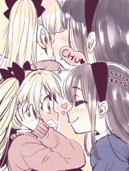 Rule 34 | 2girls, amezawa koma, black hair, blonde hair, blush, character request, clenched teeth, copyright request, dated, embarrassed, closed eyes, from side, full-face blush, hair ribbon, hairband, headband, heart, kiss, long hair, multiple girls, open mouth, profile, ribbon, smile, speech bubble, sweatdrop, sweater, teeth, twintails, yuri