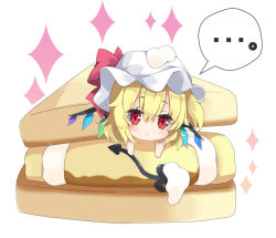 Rule 34 | ..., 1girl, blonde hair, blush, bow, closed mouth, commentary request, crystal, flandre scarlet, food, hair between eyes, hat, hat bow, in food, laevatein, looking at viewer, lying, milkpanda, mob cap, on stomach, red bow, red eyes, simple background, solo, sparkle, spoken ellipsis, touhou, white background, white hat, wings