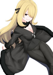 Rule 34 | 1girl, absurdres, black coat, black pants, black shirt, blonde hair, breasts, cleavage, closed mouth, coat, commentary request, covered navel, creatures (company), crossed legs, cynthia (pokemon), fur-trimmed coat, fur collar, fur trim, game freak, grey eyes, hair ornament, hair over one eye, highres, long hair, long sleeves, looking to the side, nintendo, pants, pokemon, pokemon dppt, prophecy (rakuichimonji), shirt, sitting, smile, solo, white background