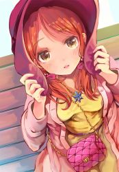 Rule 34 | 10s, 1girl, aonaga heri, bag, bench, blush, bow, brown eyes, buttons, cardigan, eyebrows, flipped hair, from above, hair bobbles, hair bow, hair ornament, handbag, hands on headwear, hat, houjou karen, idolmaster, idolmaster cinderella girls, jewelry, long hair, long sleeves, looking at viewer, open cardigan, open clothes, park bench, pendant, pink lips, red hair, smile, solo, swept bangs, twintails, unbuttoned