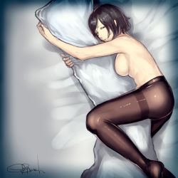 Rule 34 | 1girl, ass, black eyes, black hair, black pantyhose, breasts, dakimakura (object), gbmah, highres, looking at viewer, lying, hugging object, on side, original, pantyhose, pillow, pillow hug, short hair, solo, thighband pantyhose, topless