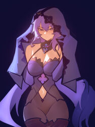 Rule 34 | 1girl, bare shoulders, black swan (honkai: star rail), blue background, breasts, clothing cutout, commentary request, cowboy shot, distr, dress, grey eyes, highres, honkai: star rail, honkai (series), large breasts, long hair, looking at viewer, navel, navel cutout, purple dress, purple hair, simple background, smile, solo, standing, veil
