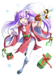 Rule 34 | 1girl, ;d, bag, bell, emerane, full body, gift, holding, holding bag, jingle bell, long hair, looking at viewer, one eye closed, open mouth, oshiro project:re, oshiro project:re, pantyhose, purple hair, simple background, smile, snowball, snowman, solo, taga (oshiro project), toy gun, twintails, very long hair, white background, yellow eyes