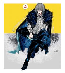 Rule 34 | 1boy, absurdres, anger vein, angry, arthropod boy, blue eyes, cape, closed eyes, crown, diamond hairband, fate/grand order, fate (series), fur-trimmed cape, fur trim, grey hair, highres, holding, holding crown, insect wings, long hair, long sleeves, male focus, oberon (fate), oberon (third ascension) (fate), open mouth, shirt, smile, solo, spoilers, type-moon, u 5ham0, white shirt, wings