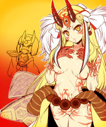 Rule 34 | 2girls, :d, aged up, alternate breast size, animal ears, bare shoulders, blush, breasts, fang, fate/grand order, fate (series), full-body tattoo, hair censor, highres, hisahiko, horns, ibaraki douji (fate), long hair, looking at viewer, multiple girls, navel, oni, open mouth, parted lips, pubic tattoo, shuten douji (fate), smile, solo focus, tattoo, topless, yellow eyes