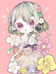 Rule 34 | 1girl, back bow, black bow, blue flower, blush, bow, copyright request, dress, elbow gloves, flower, frills, gloves, green hair, hair bow, hair flower, hair ornament, hanataro (sruvhqkehy1zied), leaf, looking at viewer, magical daisy, no nose, open mouth, orange bow, pink background, pink flower, puffy short sleeves, puffy sleeves, purple eyes, short hair, short sleeves, simple background, smile, solo, star-shaped pupils, star (symbol), symbol-shaped pupils, white dress, white flower, yellow flower