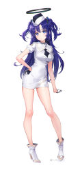 Rule 34 | 1girl, absurdres, bare legs, blue archive, blush, breasts, collared dress, dress, garrison cap, gloves, half gloves, halo, hat, highres, looking at viewer, medium breasts, necktie, purple eyes, purple hair, rity, short necktie, short sleeves, simple background, solo, two side up, utnapishtim operator uniform (blue archive), white background, white dress, yuuka (blue archive)