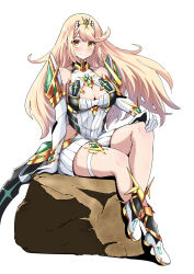 1girl blonde_hair breasts circlet cleavage cleavage_cutout closed_mouth clothing_cutout core_crystal_(xenoblade) crossed_legs dress earrings elbow_gloves gloves highres jewelry large_breasts long_hair looking_at_viewer mythra_(xenoblade) rock simple_background sitting solo swept_bangs thigh_strap timosan very_long_hair white_background white_dress white_gloves xenoblade_chronicles_(series) xenoblade_chronicles_2 yellow_eyes