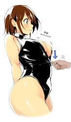 Rule 34 | 1girl, absurdres, assisted exposure, bare shoulders, blush, breasts, brown hair, cleavage, from side, front zipper swimsuit, highres, kirikirimai (kkm), large breasts, meme attire, one-piece swimsuit, original, short hair, simple background, sleeveless, solo focus, sweatdrop, swimsuit, unzipping, white background