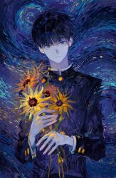 Rule 34 | 1boy, abstract, abstract background, absurdres, black hair, black shirt, blunt bangs, buttons, color contrast, facing viewer, flower, gakuran, glowing, glowing flower, highres, holding, holding flower, kageyama shigeo, long sleeves, looking ahead, mob psycho 100, mong 120, school uniform, shirt, short hair, solo, starry night (van gogh), swirl, upper body, yellow flower