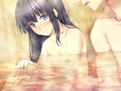 Rule 34 | 1boy, 1girl, bath, black hair, blush, breasts, head out of frame, large breasts, legs, long hair, looking at viewer, marushin (denwa0214), mixed-sex bathing, nude, partially submerged, purple eyes, shared bathing, sitting, smile, solo focus, steam, supokon! sports wear complex, terashima madoka, thighs, water, wet