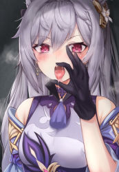 Rule 34 | 1girl, absurdres, black gloves, blush, breasts, cone hair bun, dress, earrings, fellatio gesture, genshin impact, gloves, grey background, grey hair, hair between eyes, hair bun, hair ornament, has bad revision, has downscaled revision, highres, huge filesize, jewelry, keqing (genshin impact), long hair, md5 mismatch, open mouth, oral invitation, purple dress, red eyes, resolution mismatch, revision, saliva, simple background, solo, source smaller, steam, tassel, tongue, tongue out, torriet, upper body