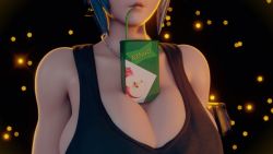 Rule 34 | 1girl, 3d, absurdres, apple juice, blue hair, bouquetman, breasts, cleavage, crop top, drinking, drinking straw, highres, jewelry, juice, juice box, large breasts, leona heidern, necklace, snk, solo, tank top, tawawa challenge, the king of fighters