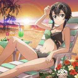 Rule 34 | 1girl, asada shino, beach, bikini, black eyes, black hair, breasts, cleavage, collarbone, cup, drinking glass, drinking straw, eyewear on head, flask, glass, groin, hair ornament, jpeg artifacts, lens flare, looking at viewer, medium breasts, navel, official art, outdoors, palm tree, round-bottom flask, shiny skin, short hair with long locks, sidelocks, sitting, smile, solo, sunset, swimsuit, sword art online, tree