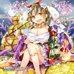 Rule 34 | 1girl, arm out of sleeve, bell, breasts, brown eyes, brown hair, cherry blossoms, cleavage, coin, copyright name, full moon, glint, gold, hair bell, hair ornament, hand fan, huge breasts, jewelry, kidatsu! dungeons lord, koban (gold), long hair, moon, necklace, official art, ririkuto, sitting, solo, sparkle