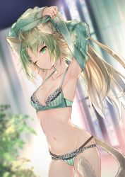 Rule 34 | 1girl, animal ears, aran sweater, atalanta (fate), bra, breasts, cable knit, fate/apocrypha, fate (series), green bra, green eyes, green hair, green panties, lace, lace-trimmed bra, lace-trimmed panties, lace trim, miyuki ruria, multi-strapped panties, non-web source, panties, sweater, tail, underwear, underwear only, undressing