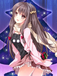 Rule 34 | 1girl, :d, arms behind back, blush, box, brown eyes, brown hair, christmas tree, cocoa (cafe-hotcocoa), gift, gift box, hair ornament, heart, heart hair ornament, jacket, long hair, open mouth, original, polka dot, scarf, skirt, smile, solo